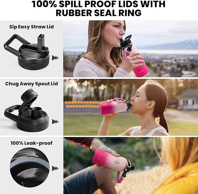 Insulated Water Bottle 32 oz, Triple Wall Vacuum Stainless Steel (Cold for 48 Hrs), Leak Proof & Non-BPA, Modern Water Flask Jug with Paracord Handle & Straw Spout Lids, Ombre Pink-GravixFit