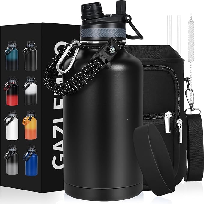 Insulated Water Bottle 64 oz, Half Gallon Water Jug Cold 48H, BPA Free Stainless Steel Bottles with Straw/Chug 2-in-1 Lid, Bag, Paracord Handle, Silicone Boot, Sports Gym School Metal Flask-GravixFit