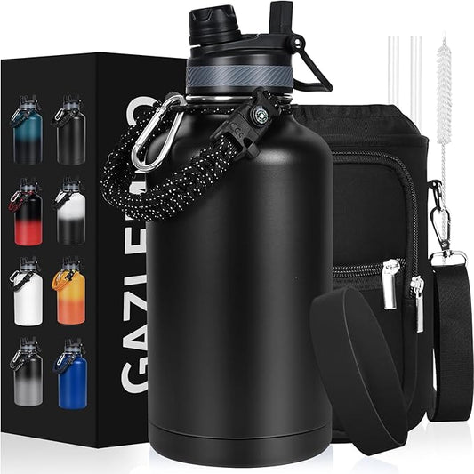 Insulated Water Bottle 64 oz, Half Gallon Water Jug Cold 48H, BPA Free Stainless Steel Bottles with Straw/Chug 2-in-1 Lid, Bag, Paracord Handle, Silicone Boot, Sports Gym School Metal Flask-GravixFit