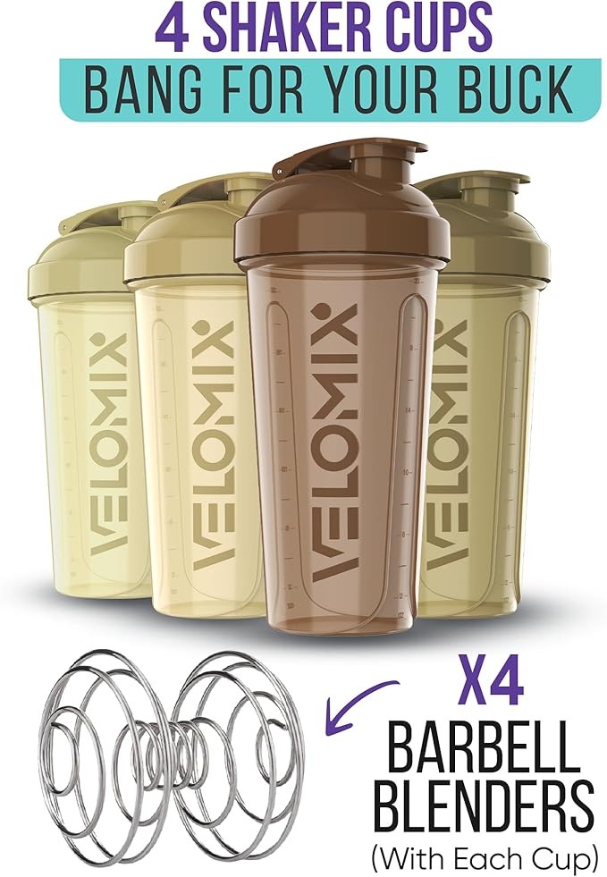 '-4 PACK- 28 oz Protein Shaker Bottle for Protein Mixes - 4x Wire Whisk | Leak Proof Shaker Cups for Protein Shakes | Protein Shaker Bottle Pack | Protein Shake Cup (Brown)-GravixFit