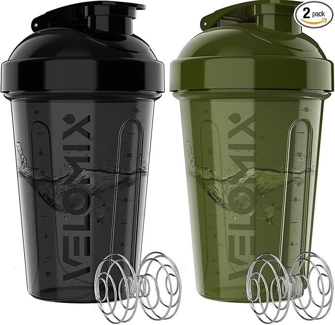 '-2 Pack- 20 oz Protein Shaker Bottles for Protein Mixes - 2x Wire Whisk, Leak Proof Shaker Cups for Protein Shakes and Pre Workout, Protein Shaker Bottle Pack, Protein Mixer Cup (Green&Black)-GravixFit