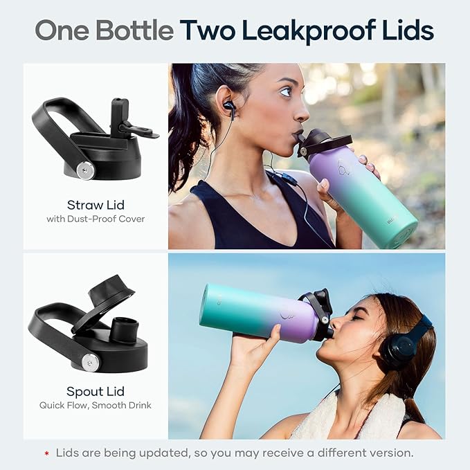 BUZIO 40oz Insulated Water Bottle, Stainless Steel Double Wall Water Flask (Cold for 48 Hrs) Leak Proof Sports Bottles Jug with Straw Lid Flex Cap Metal Canteen for Gym Travel Camping,Purple Green-GravixFit