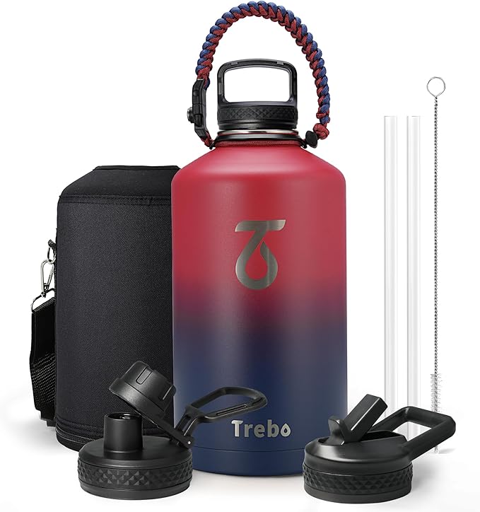 Trebo 1 Gallon Water Bottle Insulated with Paracord Handle and Straw,128oz Vacuum Double Wall Stainless Steel Large Jug,Keep Ice Cold 48hrs, Leakproof Sports Gym Flask for Men Women, Ruby Red-GravixFit