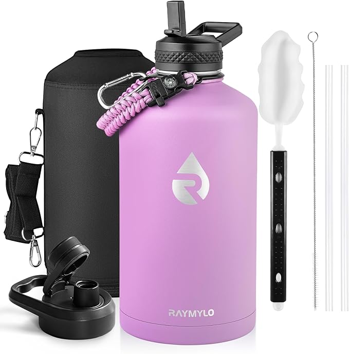 One Gallon Water Bottle Insulated, Triple Walled Vacuum Stainless Steel (Cold for 48 Hrs), Leak Proof & Non-BPA, Large Water Flask Jug with Paracord Handle & Straw Spout Lids-GravixFit