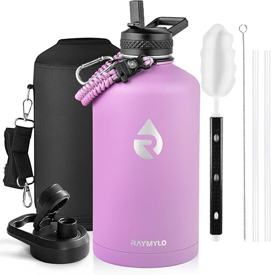 One Gallon Water Bottle Insulated, Triple Walled Vacuum Stainless Steel (Cold for 48 Hrs), Leak Proof & Non-BPA, Large Water Flask Jug with Paracord Handle & Straw Spout Lids-GravixFit
