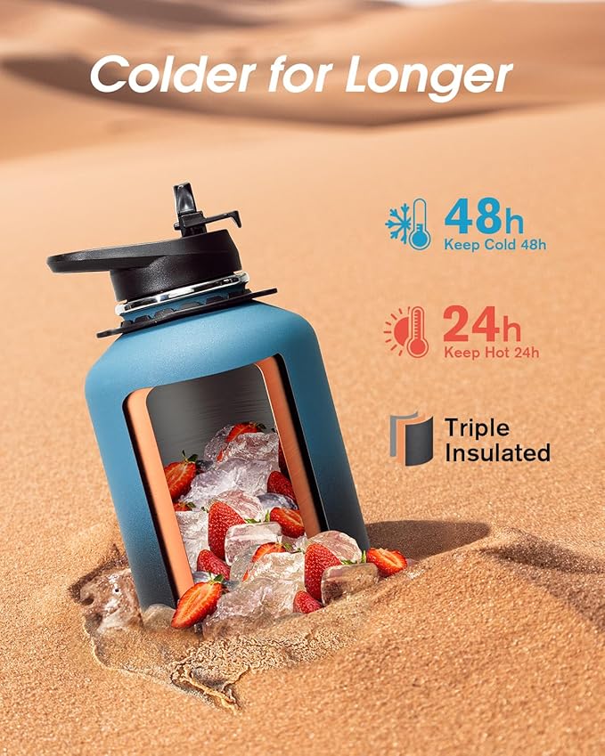 Coolflask 64 oz Water Bottle Insulated with Strap, Half Gallon Water Jug Stainless Steel with Straw & Spout Lids, Metal Large Water Flask, Keep Cold 48h Hot 24h, Leak Proof & Non-BPA, Prussian Blue-GravixFit