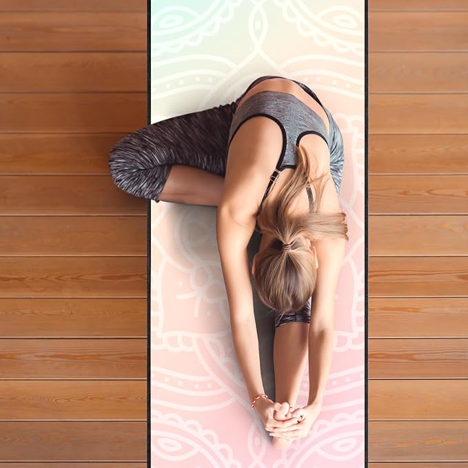 QiyI Yoga Mat Towel with Corner Pockets, Non Slip Sweat Absorbent Hot Yoga Towels, Soft Yoga Blankets with Travel Bag, Skidless Mat Cover for Workout, Gym, Fitness - 70"x26", Dreamy Pink Mandala-GravixFit