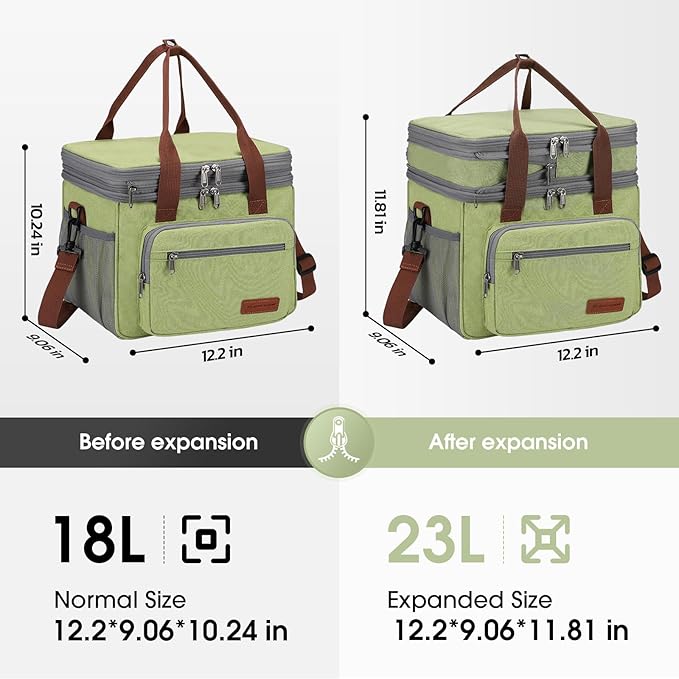 Maelstrom Lunch Bag Women,23L Insulated Lunch Box For Men Women,Expandable Double Deck Lunch Cooler Bag,Lightweight Leakproof Lunch Tote Bag With Side Tissue Pocket,Green-GravixFit