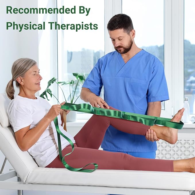 Stretch Strap With Loops For Physical Therapy, Yoga Straps For Stretching With Loops, Non-elastic Leg Straps For Knee Rehab, 8 ft Long x 1.2 inch Wide-GravixFit