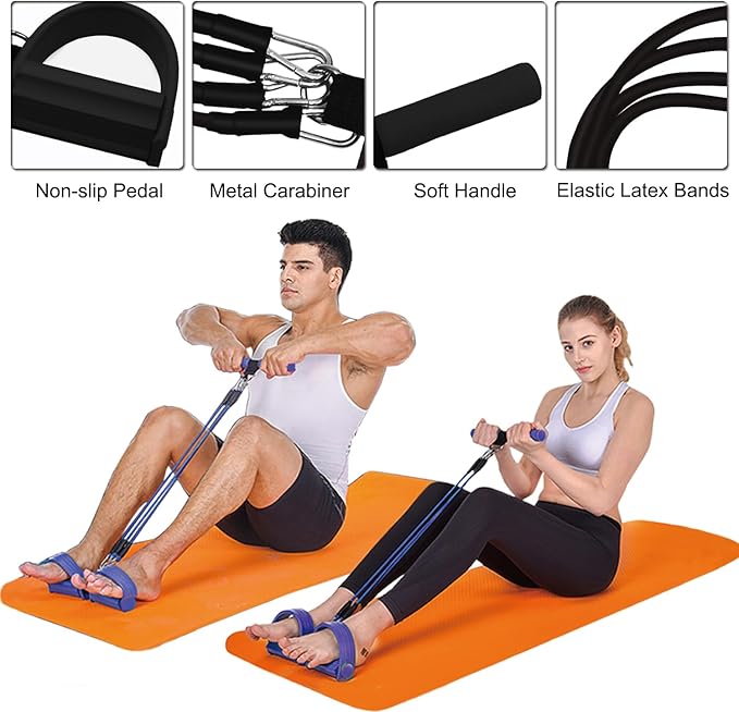 Pedal Resistance Band, 4-Tube Elastic Pull Rope, Sit-up Equipment, Yoga Strap Bodybuilding Expander, Exercise Bands, Fitness Equipment for Abdomen, Waist, Arm, Leg Stretching Slimming Training-GravixFit