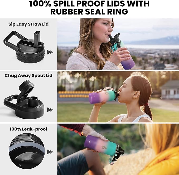 Insulated Water Bottle 32 oz, Triple Wall Vacuum Stainless Steel (Cold for 48 Hrs), Leak Proof & Non-BPA, Modern Water Flask Jug with Paracord Handle & Straw Spout Lids, Hydrangea-GravixFit