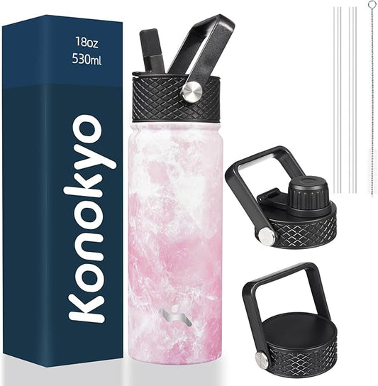 18 oz Insulated Water Bottle Stainless Steel Sport Bottles with 3 Lids,Marble Blossom-GravixFit
