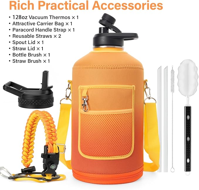 1 Gallon Water Bottle Insulated | Thickened Stainless Steel Vacuum Metal Water Jug | Portable Sports Large for Gym and Hiking with Straw, Carrier Bag, Handle Strap | BPA-Free 128 oz-GravixFit