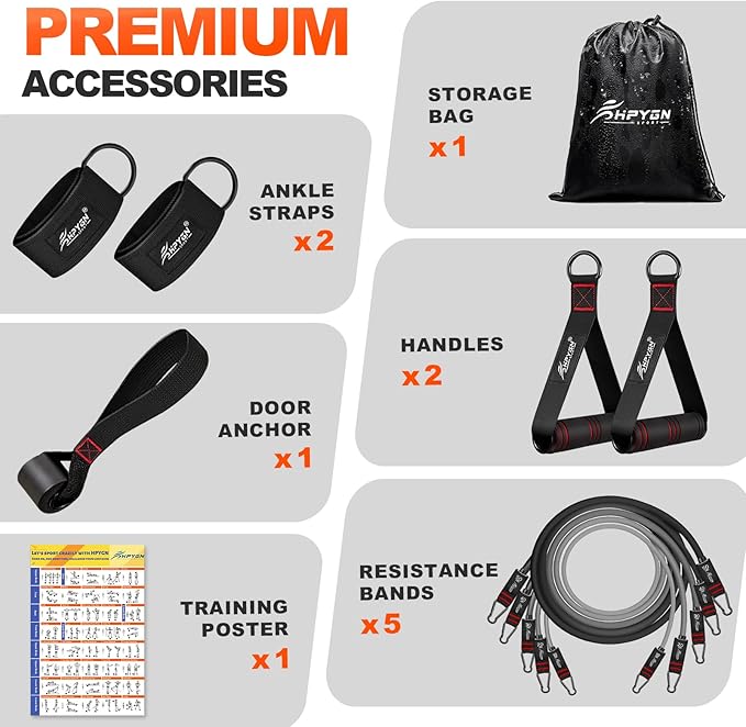 HPYGN Resistance Bands, Exercise Bands with Handles, Fitness Bands, Workout Bands with Door Anchor and Ankle Straps, for Heavy Resistance Training, Physical Therapy, Shape Body, Yoga, Home Workout Set-GravixFit
