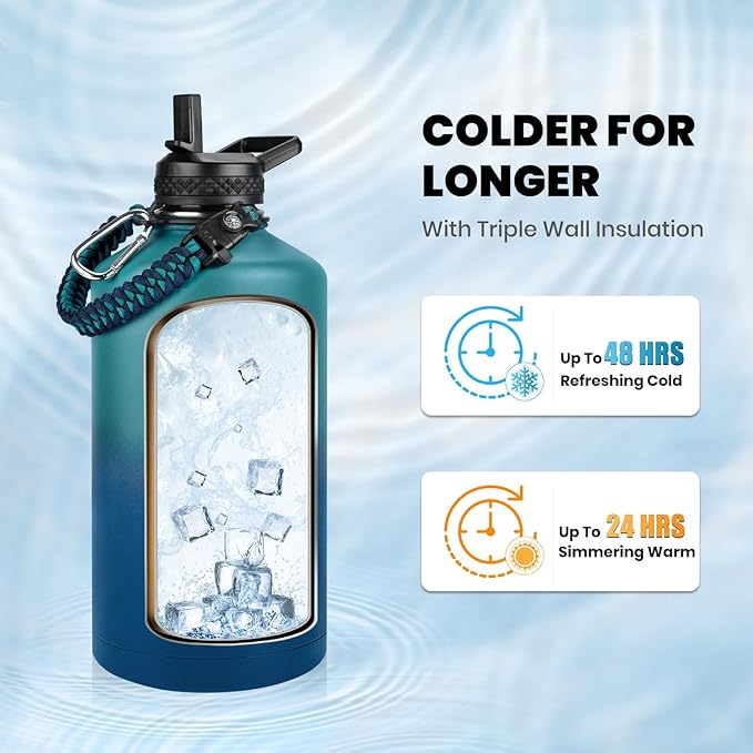 One Gallon Water Bottle Insulated, Triple Walled Vacuum Stainless Steel (Cold for 48 Hrs), Leak Proof & Non-BPA, Large Water Flask Jug with Paracord Handle & Straw Spout Lids-GravixFit