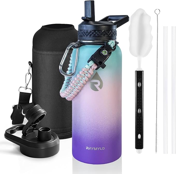 Insulated Water Bottle 32 oz, Triple Wall Vacuum Stainless Steel (Cold for 48 Hrs), Leak Proof & Non-BPA, Modern Water Flask Jug with Paracord Handle & Straw Spout Lids, Hydrangea-GravixFit