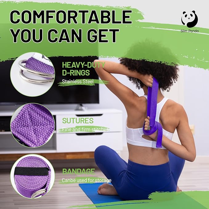 Slim Panda Yoga Strap for Stretching,Cotton Yoga Strap with Adjustable D-Ring Buckle,Non-Elastic Yoga Belt for Pilates,Gym Workouts,Physical Therapy,Improve Flexibility-GravixFit