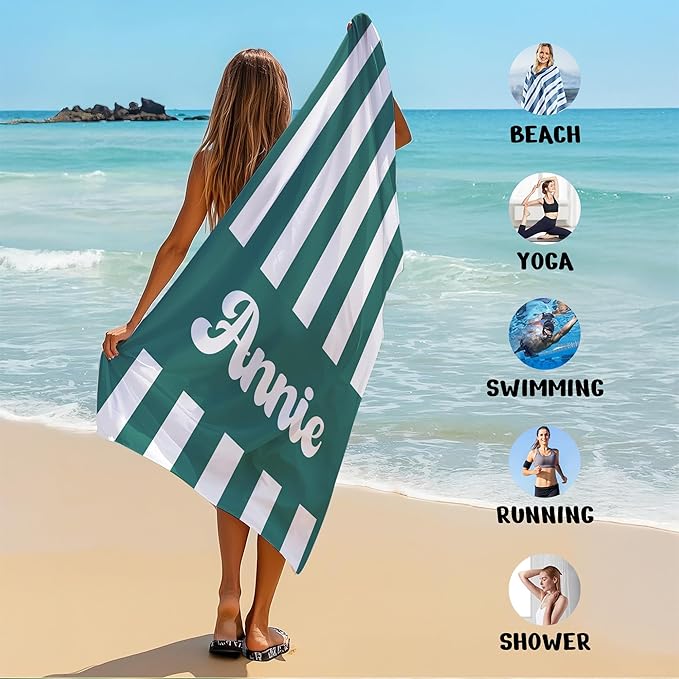 JML Personalized Beach Towel with Name, Custom Cabana Stripe Beach Towel, Customized Microfiber Pool Towel, Quick Dry & Absorbent Swim Towel for Adult,Mother's Day, Birthday, Summer Holiday,Vacation-GravixFit