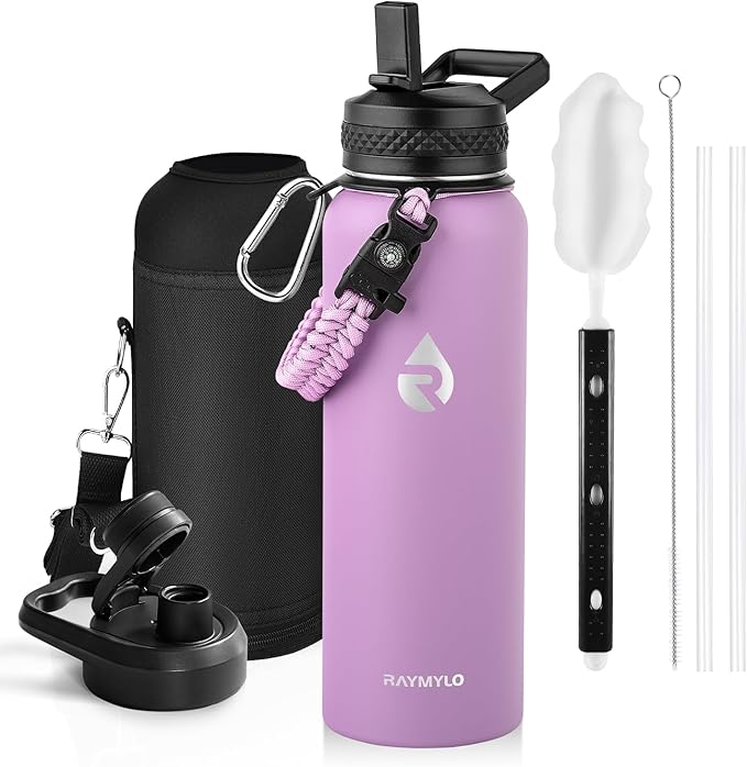 Insulated Water Bottle 40 oz, Triple Wall Vacuum Stainless Steel (Cold for 48 Hrs), Leak Proof & Non-BPA, Modern Water Flask Jug with Paracord Handle & Straw Spout Lids, Lilac-GravixFit