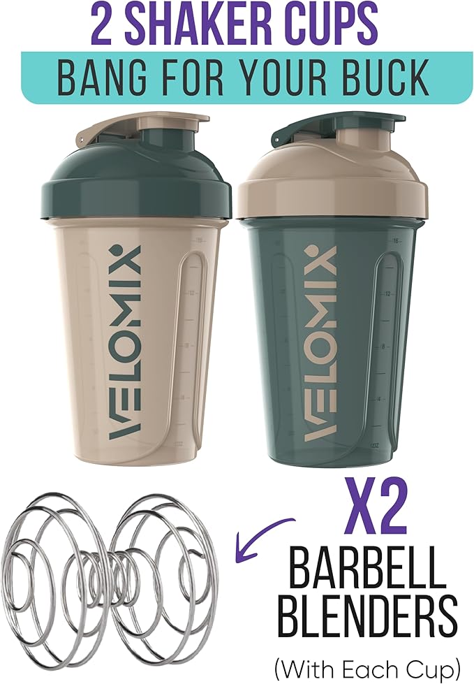 '-2 Pack- 20 oz Protein Shaker Bottles for Protein Mixes, 2x Wire Whisk, Leak Proof Shaker Cups for Protein Shakes and Pre Workout, Protein Shaker Bottle Pack, Protein Mixer Cup(Blue&Beige)-GravixFit