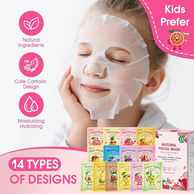 14 Pack Fruit Face Masks Skincare for Kids, Sheet Hydrating Facial Mask for All Skin Types, Bulk Collagen Face Mask for Women Skin Care, Birthday Party Spa Gifts for Teens Girls-GravixFit