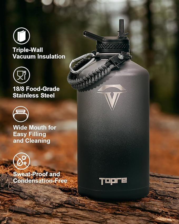 128 oz Insulated Water Bottle,One Gallon Water Flask Stainless Steel Vacuum, Cold for 48 Hrs,BPA-Free & Leakproof -with Paracord Handle, Strap,Straw Spout Lids,Large Jug for Gym,Grey-GravixFit