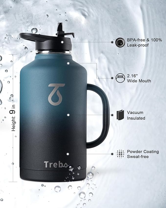 Trebo 64 oz Water Bottle Insulated with Handle, Half Gallon Stainless Steel Metal Large Jug, Travel Flask with Straw Spout Lid, Mug Tumbler Cup with Carry Pouch, Keep Cold Hot, Indigo Black-GravixFit
