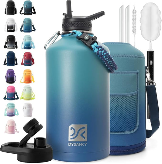1 Gallon Water Bottle Insulated | Thickened Stainless Steel Vacuum Metal Water Jug | Portable Sports Large for Gym and Hiking with Straw, Carrier Bag, Handle Strap | BPA-Free 128 oz-GravixFit
