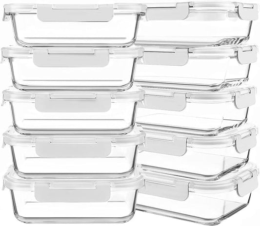 10 Packs 30 oz Glass Meal Prep Containers,Glass Food Storage Containers with Lids,Airtight Glass Lunch Bento Boxes,Microwave, Oven, Freezer and Dishwasher,White-GravixFit