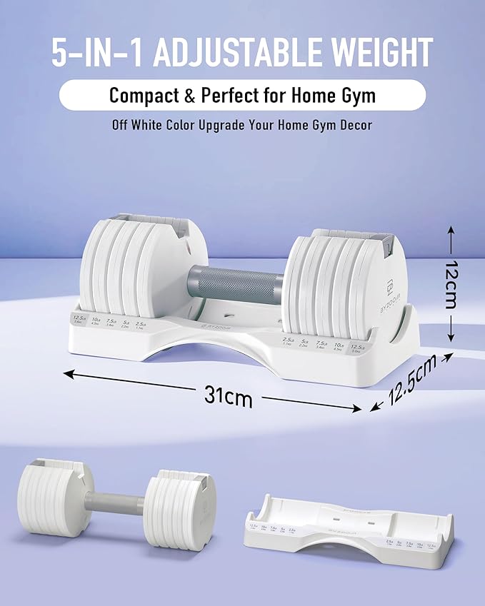 Adjustable Dumbbell – 12.5/25lb Single Unit OR Set of 2 – 5-in-1 Adjustable Weight for Home Gym, Strength Training & Fitness Workouts, White OR Black-GravixFit
