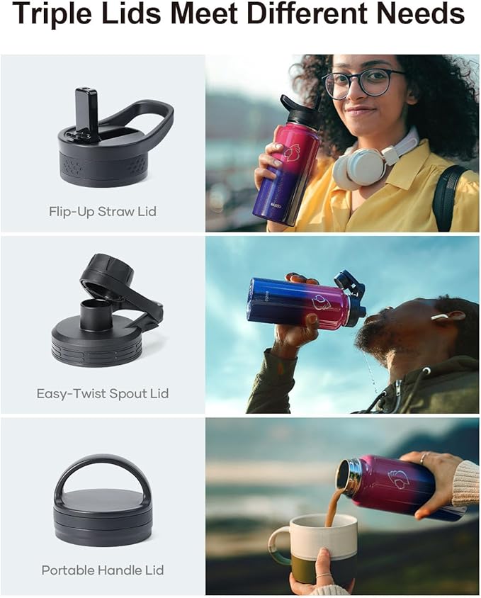 BUZIO 32 oz Water Bottle Insulated with Straw & 3 lid and Carrying Pouch, Leak Proof Anti-Slip Stainless Steel Water Flask Jug, Cold for 48 Hrs Double Vacuum Thermo Canteen, Pearlescent Red Black-GravixFit