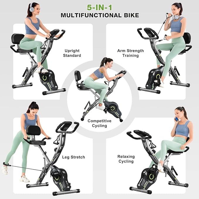 Exercise Bike, 5 in 1 Foldable Stationary Bike for Seniors, 16-Level Adjustable Magentic Resistance, Indoor Workout Bike with 330LB Capacity, Comfortable Seat Backrest X-bike-GravixFit