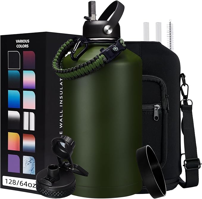 128 OZ Insulated Water-Bottles with Strap - 1 Gallon Water Jug with Straw & Spout Lid, Stainless Steel Large Water Bottle Leak Proof, Cold-48h Hot-24h Metal Water Flask w/Paracord Handle, Carrier Bag-GravixFit