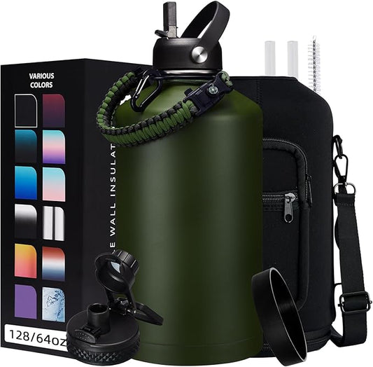 128 OZ Insulated Water-Bottles with Strap - 1 Gallon Water Jug with Straw & Spout Lid, Stainless Steel Large Water Bottle Leak Proof, Cold-48h Hot-24h Metal Water Flask w/Paracord Handle, Carrier Bag-GravixFit