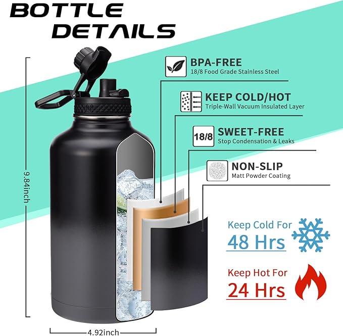 Half Gallon Insulated Water Bottle - with Straw & Spout Lid, Paracord Handle & Carrier Bag, Protective Cup Mat, 64oz Vacuum Stainless Steel Water Bottle, Metal Vacuum Flasks Keep Cold 48h Hot 24h-GravixFit