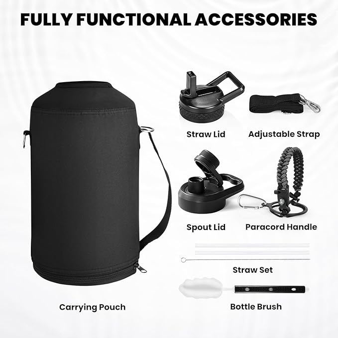 One Gallon Water Bottle Insulated, Triple Walled Vacuum Stainless Steel (Cold for 48 Hrs), Leak Proof & Non-BPA, Large Water Flask Jug with Paracord Handle & Straw Spout Lids-GravixFit