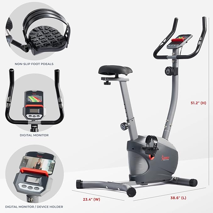 Sunny Health & Fitness Smart Stationary Exercise Upright Bike w/Pulse Sensor & 4-Way Adjustable Seat, Cycling Machine for Home Cardio Training, Free SunnyFit App Connection, Optional Resistance Band