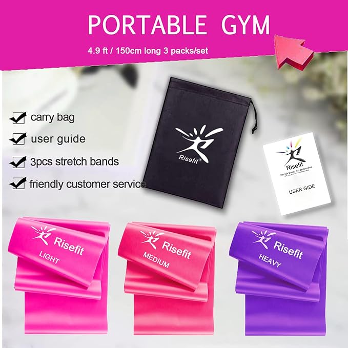 Therapy Flat Resistance Bands Set, Latex Free Flat Elastic Exercise Stretch Bands for Stretching, Flexibility, Pilates, Yoga, Ballet, Gymnastics, Rehab, Workout, Pink, Purple, Blue (3 Pack, 5 FT long)-GravixFit