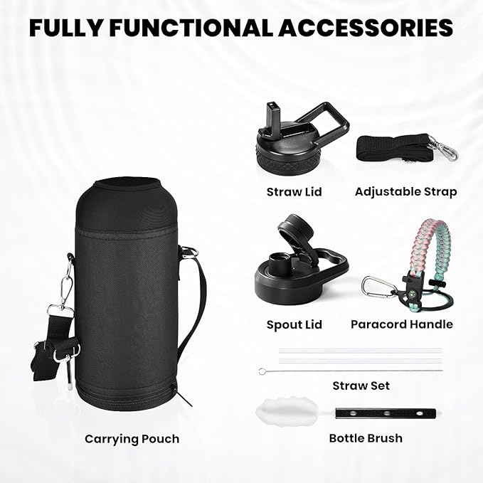Insulated Water Bottle 32 oz, Triple Wall Vacuum Stainless Steel (Cold for 48 Hrs), Leak Proof & Non-BPA, Modern Water Flask Jug with Paracord Handle & Straw Spout Lids, Hydrangea-GravixFit
