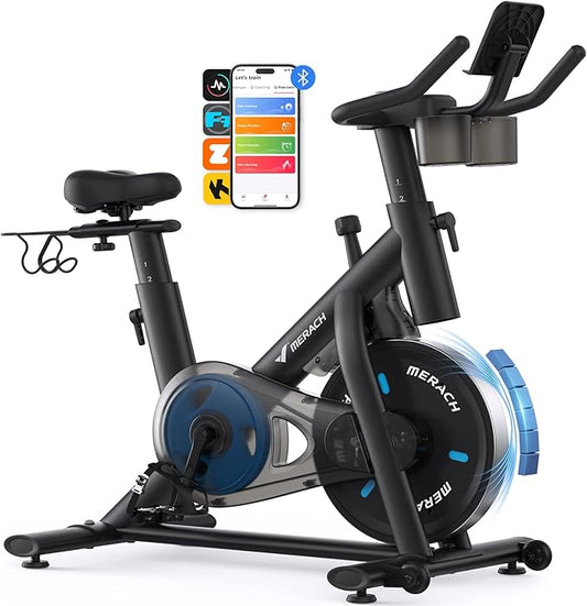 MERACH Exercise Bike, Brake Pad Stationary Bike with Exclusive App, Low Noise Indoor Cycling Bike with 300lbs Weight Capacity, Tablet Mount and Fitness Courses for Weight Loss-GravixFit