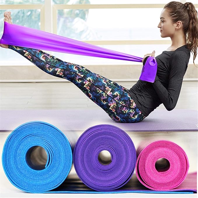 Therapy Flat Resistance Bands Set, Latex Free Flat Elastic Exercise Stretch Bands for Stretching, Flexibility, Pilates, Yoga, Ballet, Gymnastics, Rehab, Workout, Pink, Purple, Blue (3 Pack, 5 FT long)-GravixFit