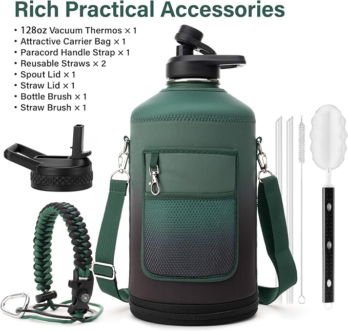 1 Gallon Water Bottle Insulated | Thickened Stainless Steel Vacuum Metal Water Jug | Portable Sports Large for Gym and Hiking with Straw, Carrier Bag, Handle Strap | BPA-Free 128 oz-GravixFit