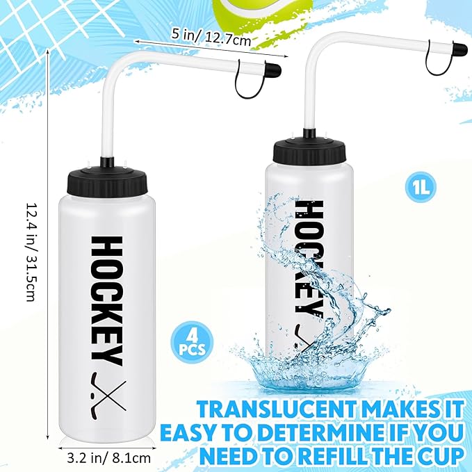 Domensi 4 Pack 1 Liter Sports Water Bottle W/Long Straw Hockey Lacrosse BPA Free Easy Squeeze Plastic Bottle Use W/Sport Helmet in Football Baseball Gym Yoga (Translucent,Novel)-GravixFit