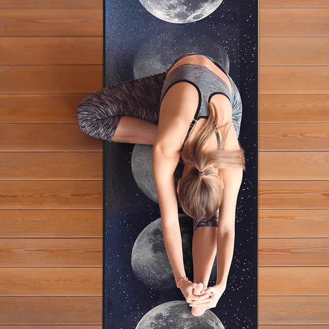 QiyI Yoga Mat Towel with Corner Pockets, Non Slip Sweat Absorbent Hot Yoga Towels, Soft Yoga Blankets with Travel Bag, Skidless Mat Cover for Workout, Gym, Fitness - 74"x26", Moon Cycle-GravixFit