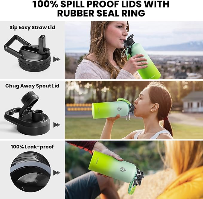 Insulated Water Bottle 87 oz, Triple Wall Vacuum Stainless Steel (Cold for 48 Hrs), Leak Proof & Non-BPA, Modern Water Flask Jug with Paracord Handle & Straw Spout Lids, Ombre Green-GravixFit