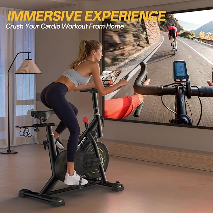 YAMO Exercise Bike, Upgraded Stationary Bikes for Home Cardio with App Compatible, Adjustable Quiet Magnetic Resistance Indoor Cycling Bike 300 LBS Capacity Comfortable Seat Cushion & Tablet Mount-GravixFit