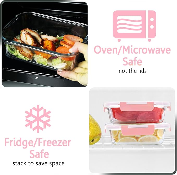M MCIRCO [10-Pack Meal Prep Containers with Snap Locking Lids, Glass Airtight Lunch, Food Storage Containers, Microwave, Oven, Freezer and Dishwasher Friendly, Pink-GravixFit