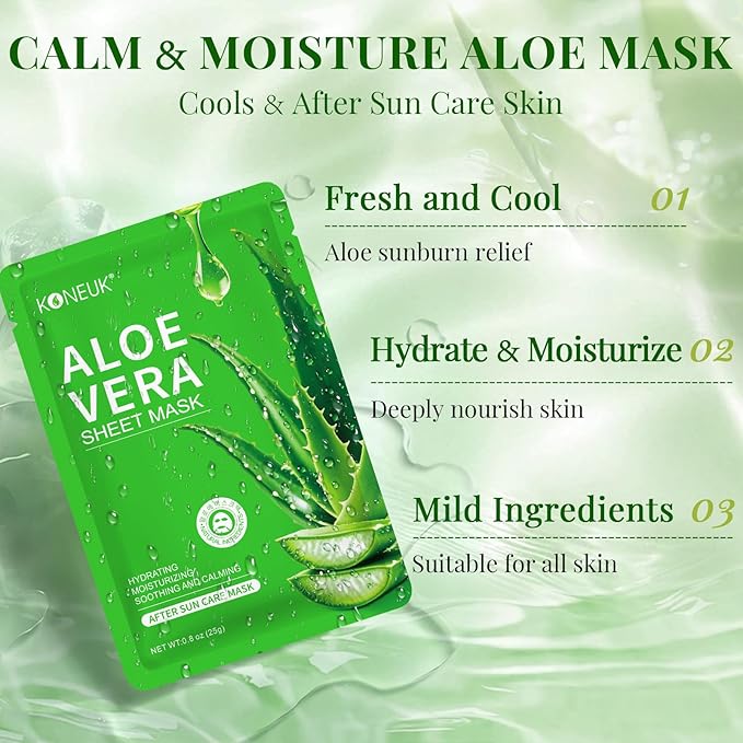 12 Pack Aloe Vera Face Masks Skincare, Sheet Aloe Hydrating Face Mask for Sunburn Relief and After Sun Care, Bulk Aloe Vera Face Mask for Spa Party Gifts-GravixFit