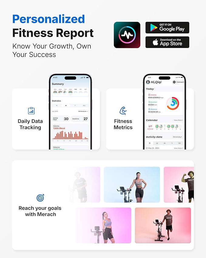 MERACH Exercise Bike, Brake Pad Stationary Bike with Exclusive App, Low Noise Indoor Cycling Bike with 300lbs Weight Capacity, Tablet Mount and Fitness Courses for Weight Loss-GravixFit