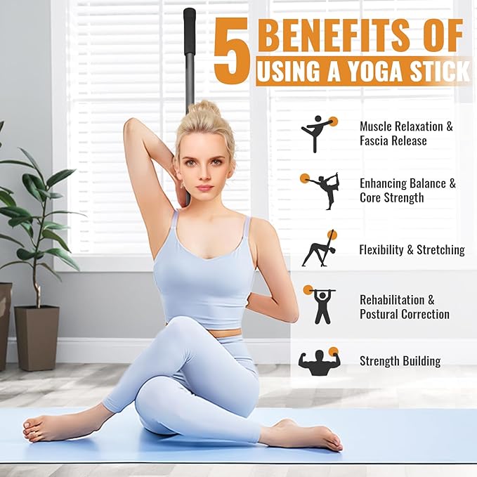 Yoga Stick 5ft Mobility Stick, Sturdy Steel Exercise Bar Adjustable Stretching Stick for Mobility, Training, Flexibility and Balance, Versatile Stretch Bar with 4 Steel Rods & Foam Handles-GravixFit